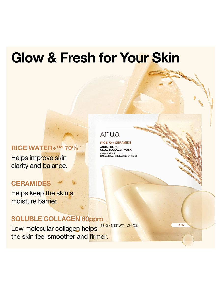 [Anua] Rice 70 Glow Collagen Mask (1Pcs Or 1Box(10Pcs)